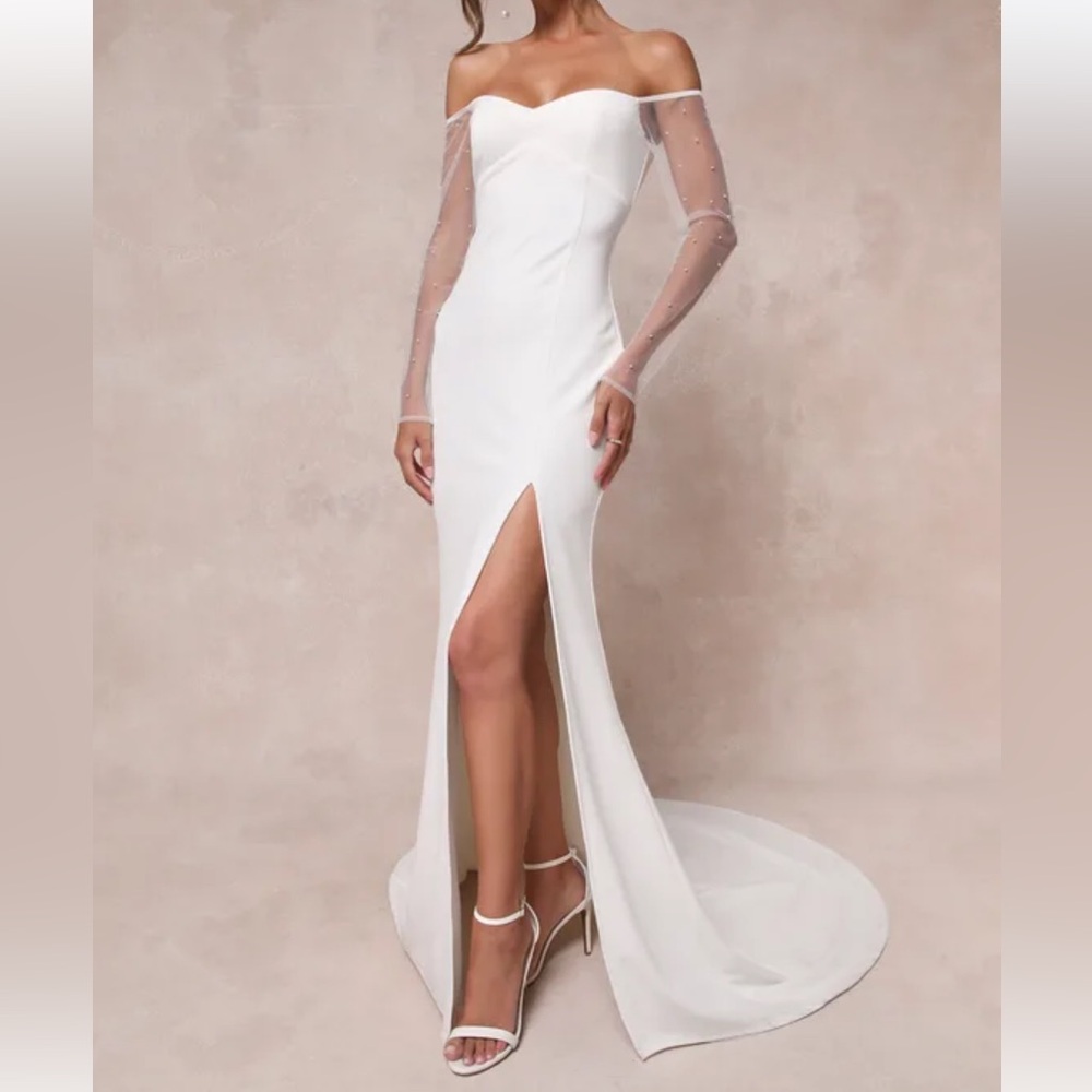 Lulus Eternally Beloved White Mesh Off-the-Shoulder Pearl Maxi Dress Size Small